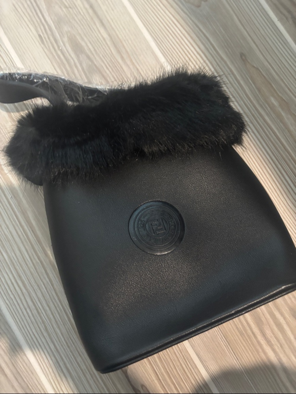 Black Faux-Fur Trim Bucket Bag